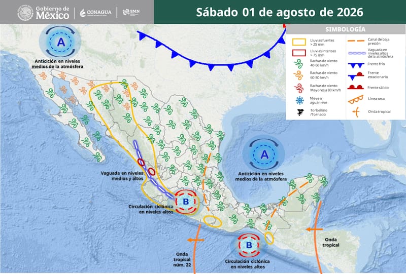 El pronóstico del tiempo que regirá en México durante el sábado 1 de agosto. (Foto: SMN de México)