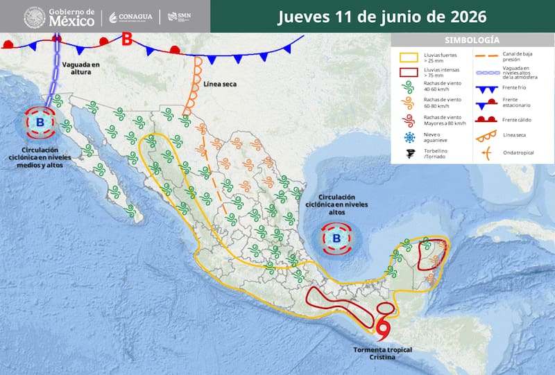 El pronóstico del tiempo para México durante el jueves 11 de junio. (Foto: SMN)