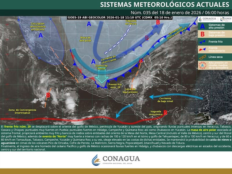 El pronóstico del tiempo para México durante el domingo 18 de enero. (Foto: SMN)