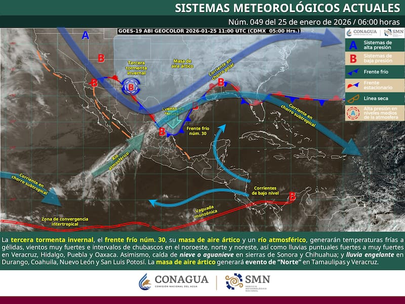 El pronóstico del tiempo para la República Mexicana durante el domingo 25 de enero. (Foto: SMN)