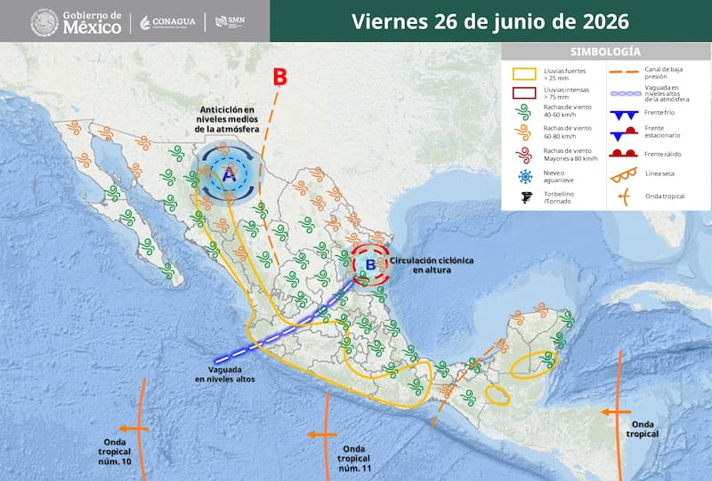El pronóstico que regirá para el viernes 26 de junio en la República Mexicana. (Foto: SMN)