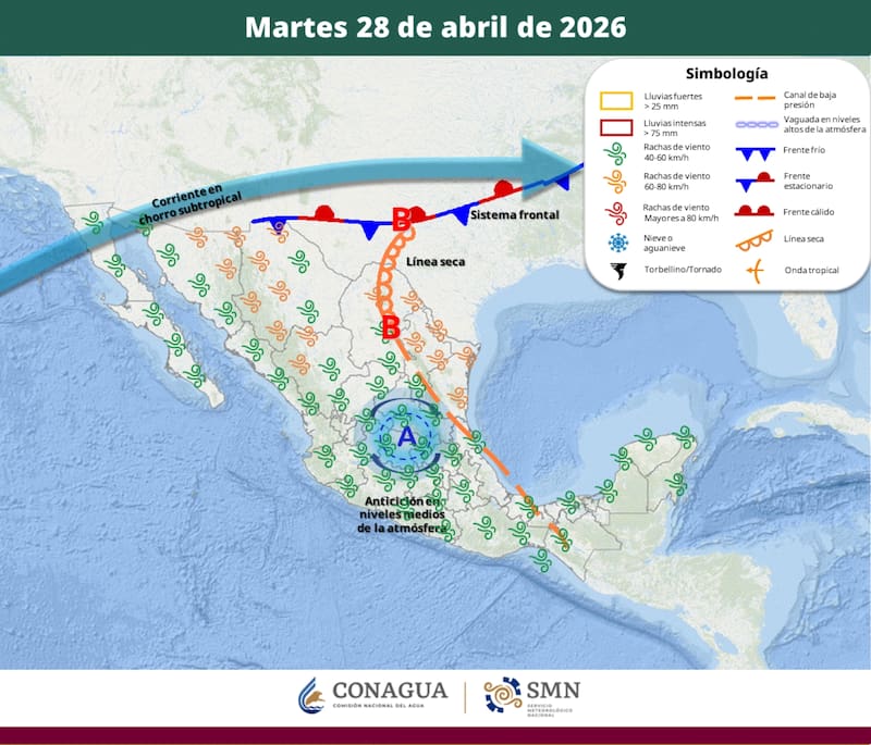 El pronóstico del tiempo a partir del martes 28 de abril en al República Mexicana. (Foto: SMN)