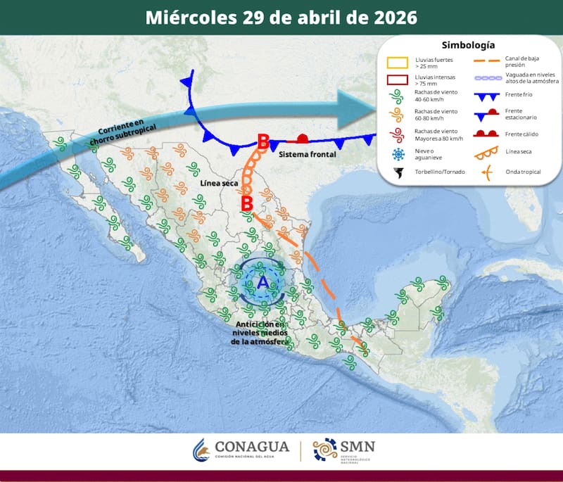 El pronóstico del tiempo para el miércoles 29 de abril que difundió el SMN para todo México. (Foto: SMN)