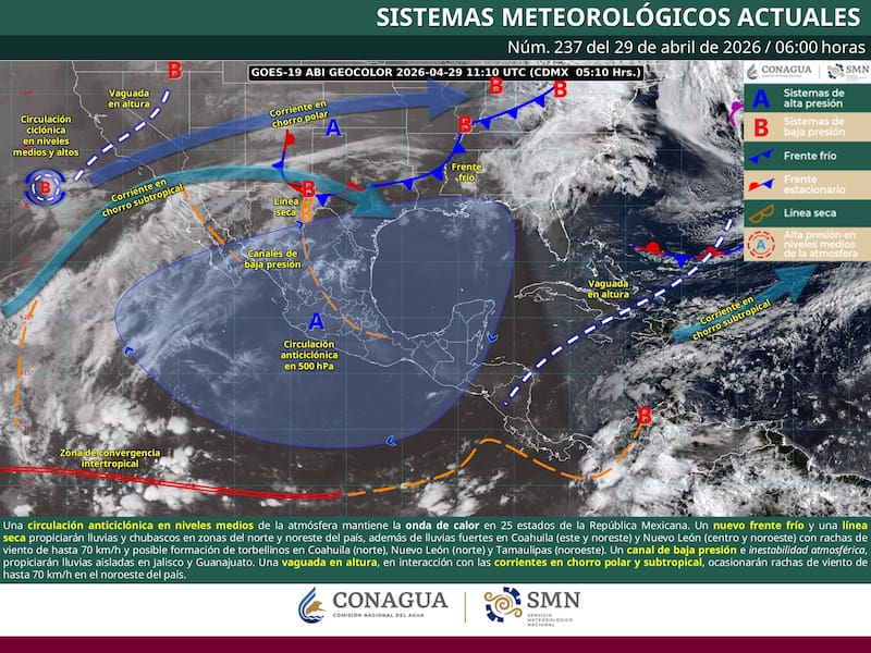 El SMN alerta por lluvias fuertes y vientos de hasta 70km/h en distintos estados. (Foto: SMN)