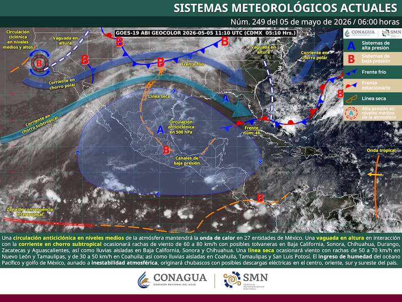 El pronóstico del tiempo que difundió el SMN para el martes 5 de mayo. (Foto: SMN)