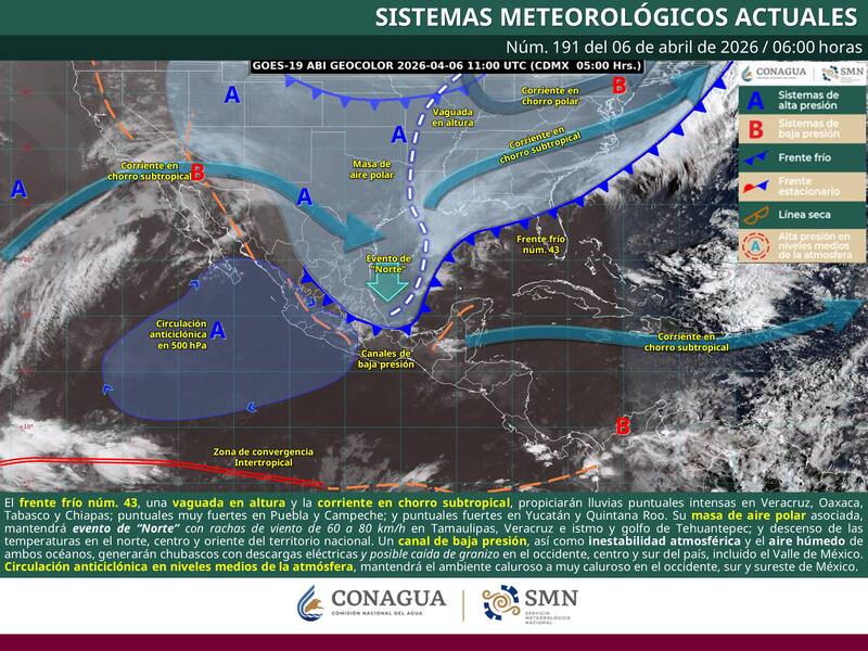 El pronóstico del tiempo que difundió el Servicio Meteorológico Nacional para este lunes 6 de abril en la República Mexicana. (Foto: Archivo)