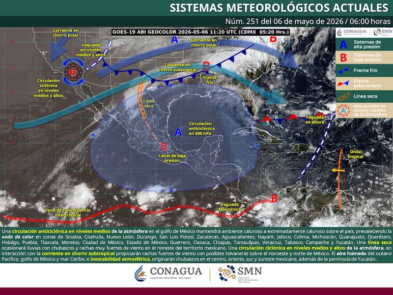 El pronóstico del tiempo para el miércoles 6 de mayo en la República Mexicana (Foto: SMN)