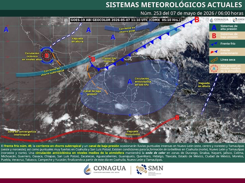 El SMN difundió el pronóstico del tiempo para el jueves 7 de mayo y alertó por lluvias intensas en distintas regiones del país. (Fuente: SMN)