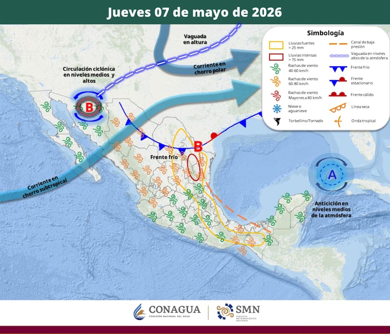 El pronóstico del tiempo en la República Mexicana para el jueves 7 de mayo. (Foto: SMN)