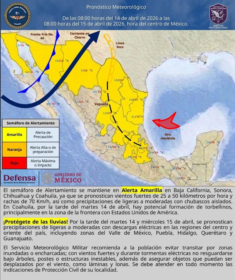 Lluvias, vientos y tormentas eléctricas afectarán varias regiones de México a mitad de semana, con alerta preventiva en el norte del país.