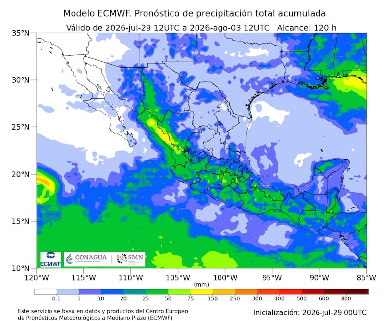 El pronóstico de precipitación total acumulada que rige en México hasta el lunes 3 de agosto. (Foto: SMN de México)