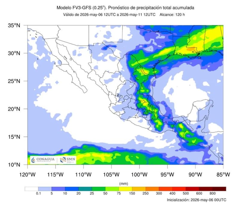 El SMN advierte por el avance de distintos fenómenos que provocarán lluvias intensas entre el jueves 7 y domingo 10 de mayo. (Fuente: SMN)