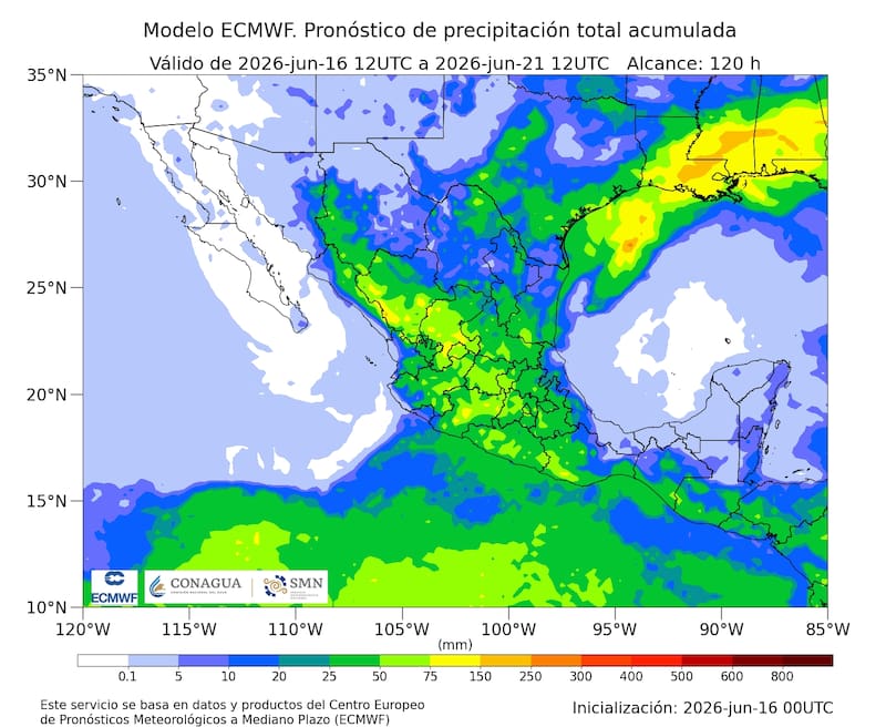 El pronóstico de precipitación total acumulada. (Foto: SMN)