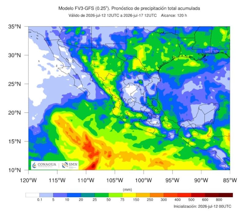El pronóstico de precipitación total acumulada vigente hasta el 17 de julio. (Foto: SMN)