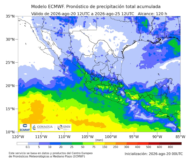 El pronóstico de precipitación total acumulada que rige en México hasta el 25 de agosto. (Fuente: SMN de México)