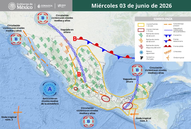 A partir del miércoles 3 de junio, se registrarán lluvias fuertes a muy fuertes sobre las regiones mencionadas, con lluvias puntuales intensas en zonas de Puebla, Veracruz, Oaxaca y Chiapas. (Foto: SMN)