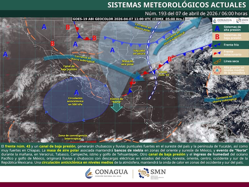 El pronóstico del tiempo que difundió el SMN para el martes 7 de abril en la República Mexicana. (Foto: SMN)