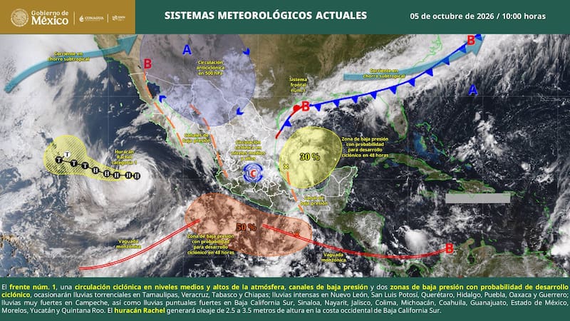 Sistemas meteorológicos que afectan a México en las próximas 96 horas.