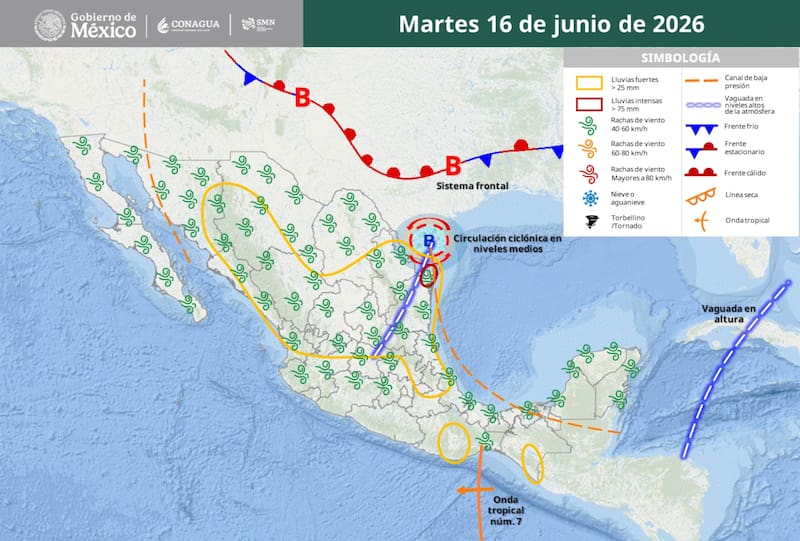 El pronóstico del tiempo para el martes 16 de junio en toda la República Mexicana. (Fuente: SMN)