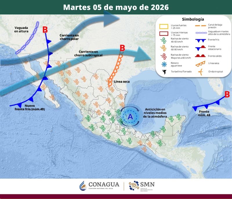 El pronóstico del tiempo que difundió el SMN para el martes 5 de mayo. (Foto: SMN)