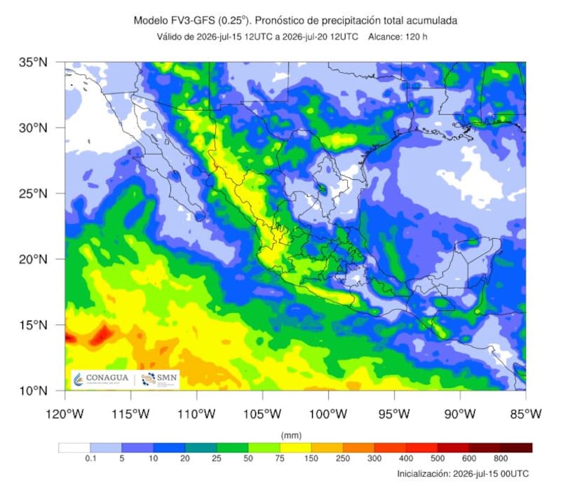 El pronóstico de precipitación total acumulada que regirá hasta el 20 de julio. (Foto: SMN)