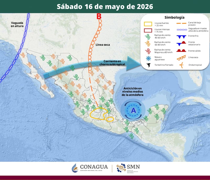 Michoacán (norte y noreste), Guanajuato (este y sur) y Querétaro (centro y sur), son algunas de las regiones de México con pronóstico de lluvias para el sábado 15 de mayo. (Fuente: SMN)