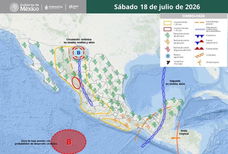 El pronóstico del sábado 18 de julio que difundió el SMN de México a toda la población. (Foto: SMN)