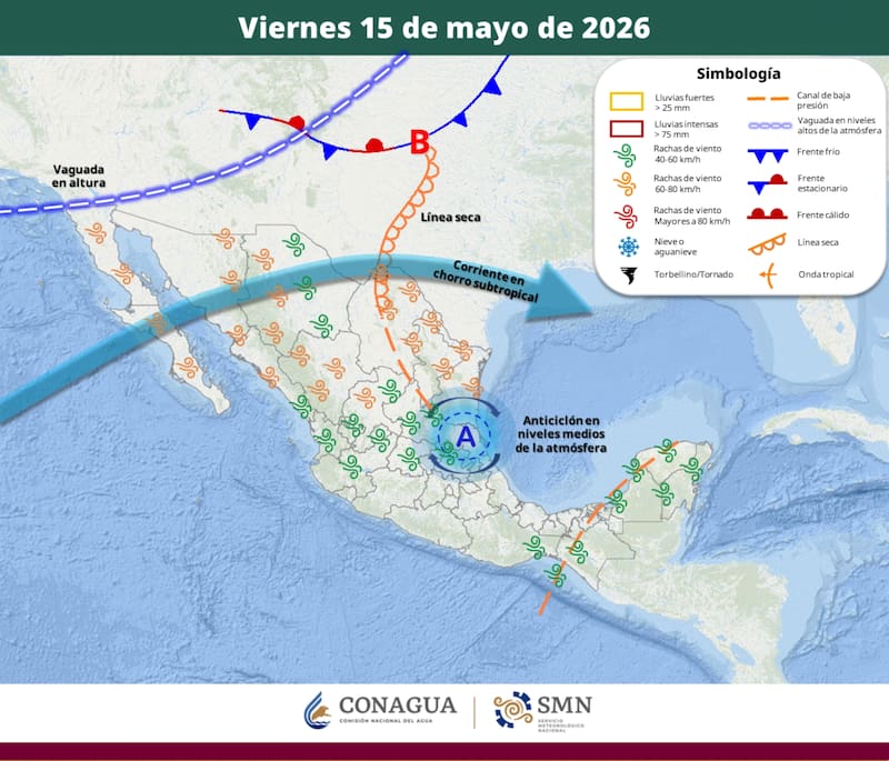 El pronóstico que difundió el Servicio Meteorológico Nacional (SMN) para la República Mexicana durante el viernes 15 de mayo. (Fuente: SMN)