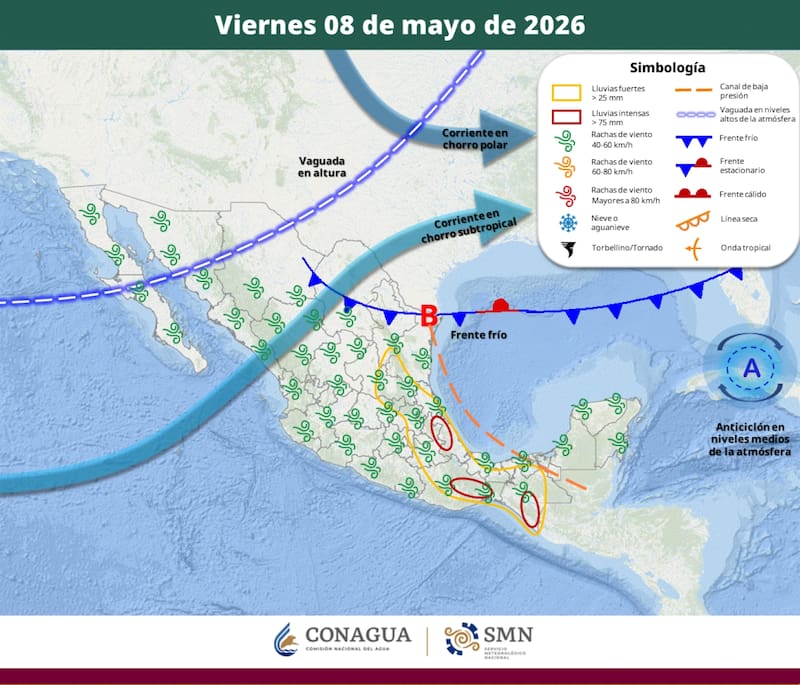 El pronóstico del tiempo para el viernes 8 de mayo en la República Mexicana. (Foto: SMN)