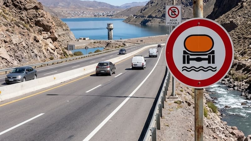 Qué significa la señal de tránsito con el círculo rojo, el tanque naranja y las ondas de agua.