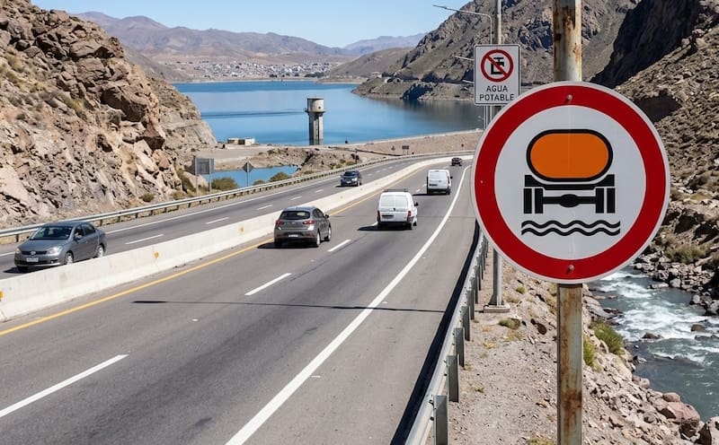 Qué significa la señal de tránsito con el círculo rojo, el tanque naranja y las ondas de agua.
