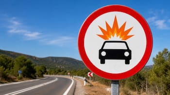 Qué significa la señal de tránsito de bordes rojos con un auto y una explosión en naranja arriba