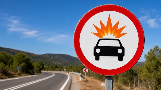 Qué significa la señal de tránsito de bordes rojos con un auto y una explosión en naranja arriba