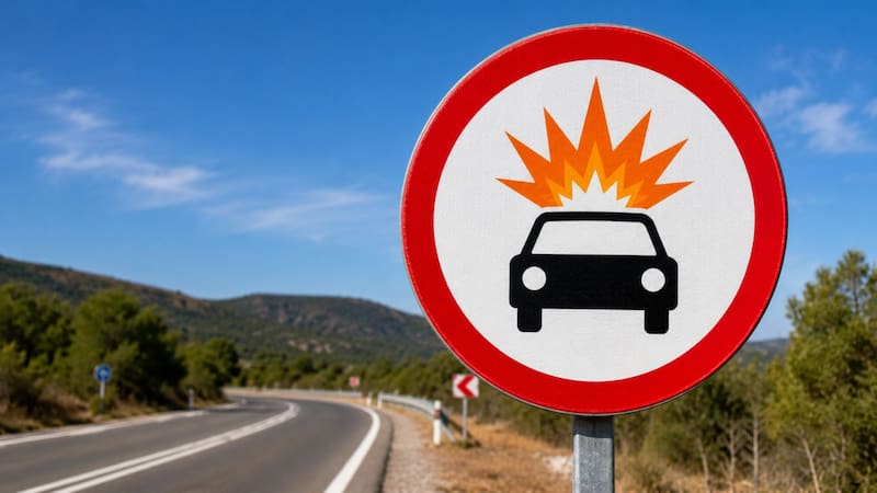 Qué significa la señal de tránsito de bordes rojos con un auto y una explosión en naranja arriba