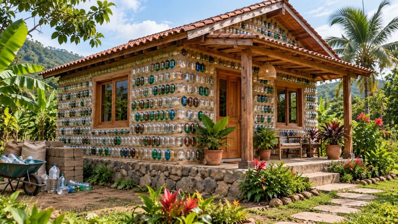 Recicló botellas de plástico con arena para construir una casa | Cinco años después, ya lleva casi una docena de hogares construidos.