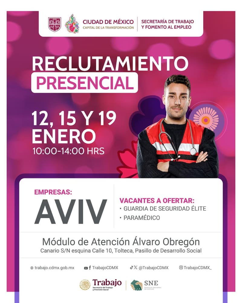 “Asiste a nuestro Módulo de Atención en Álvaro Obregón y postúlate a las vacantes de guardia de seguridad élite y paramédico que ofrece la empresa AVIV”, informó la Secretaría de Trabajo CDMX.