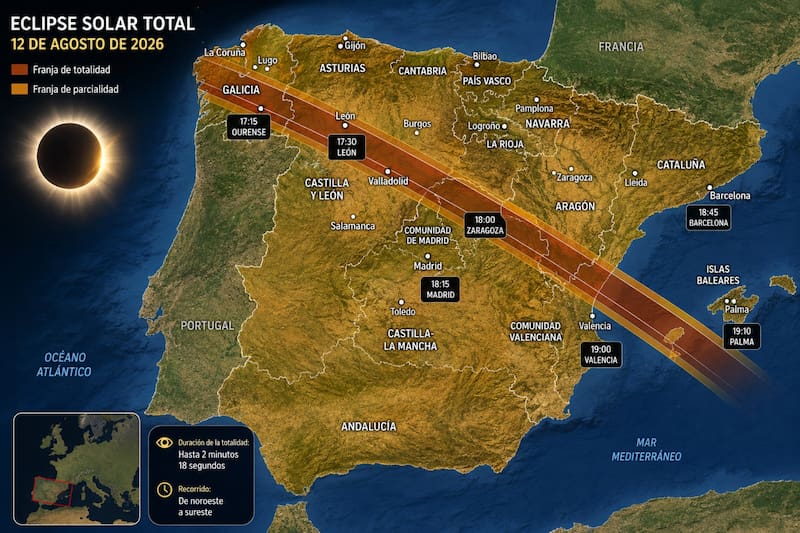 El recorrido estimado que tendrá el eclipse solar total en España durante el 12 de agosto de 2026. (Imagen ilustrativa creada con IA)