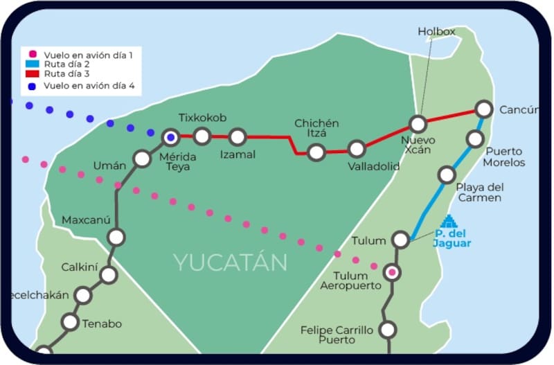 El Expreso de Año Nuevo del Tren Maya recorrerá AIFA, TULUM, CANCÚN y MÉRIDA en 4 días y 3 noches.
