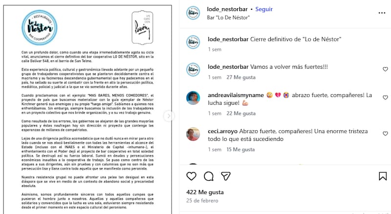 Así fue el mensaje que dejaron en redes sociales para anunciar el cierre del bar.