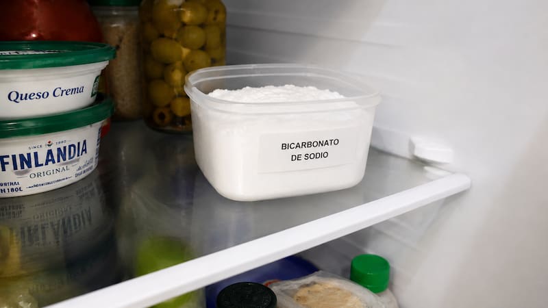 Refrigerador con bicarbonato y alimentos.