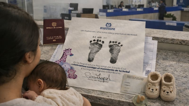 Una madre sostiene a su bebé en una sede de la Registraduría mientras avanza el trámite que permite definir el orden de los apellidos al inscribir un nacimiento en Colombia.
