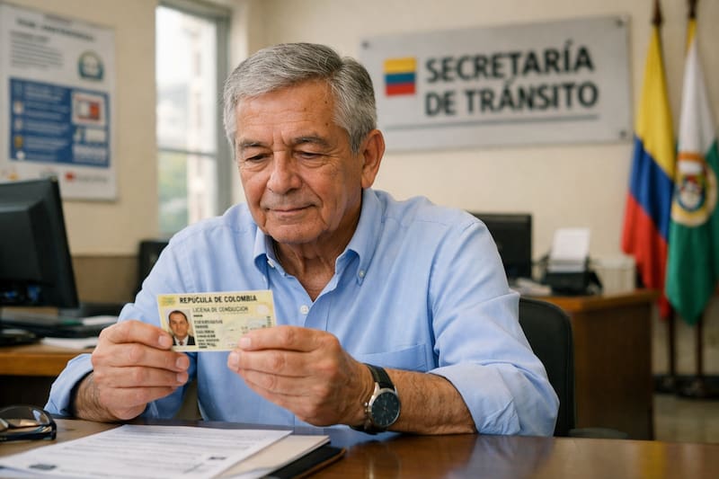 Adulto mayor renovando licencia de conducir en Colombia 2026 - requisitos y exámenes obligatorios.