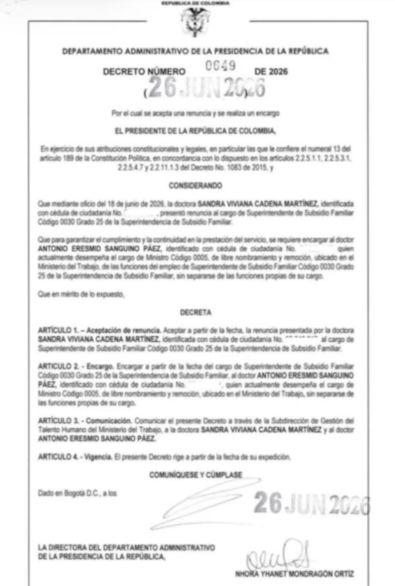 Sandra Viviana Cadena renunció a la Superintendencia de Subsidio Familiar y Antonio Sanguino quedó encargado.