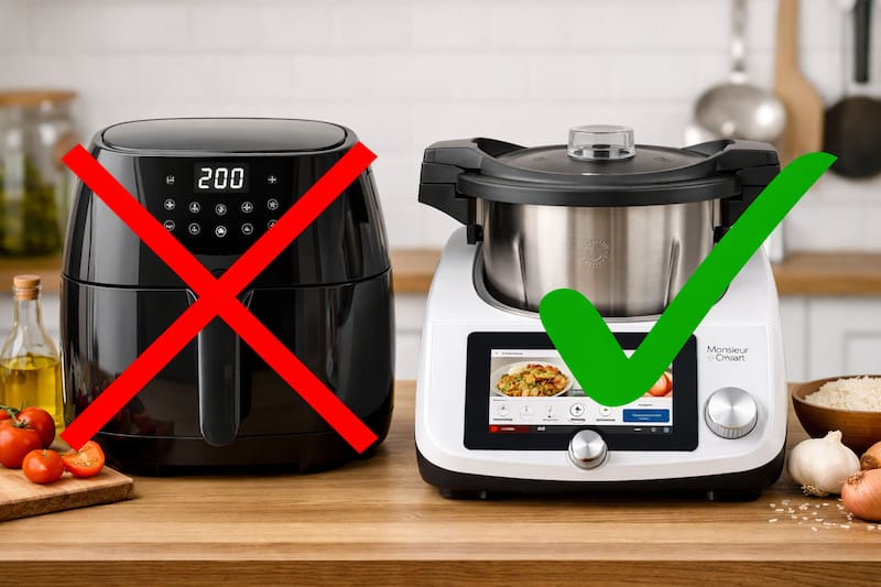 Representación generada con IA que ilustra el cambio de tendencia en la cocina: la freidora de aire queda relegada frente a la multicooker, un electrodoméstico que gana terreno por su versatilidad, rapidez y mejores resultados.