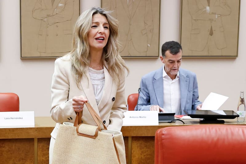 MADRID, 23/03/2026.- La vicepresidenta segunda del Gobierno y ministra de Trabajo, Yolanda Díaz, al inicio de la reunión que los responsables de las formaciones que integran Movimiento Sumar mantienen para analizar la situación política nacional e internacional este lunes en Congreso. Detrás, el coordinado federal de IU, Antonio Maíllo. EFE/ Chema Moya