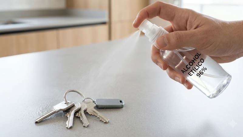 Ponerle alcohol al 70% a las llaves ayuda a desinfectarlas.