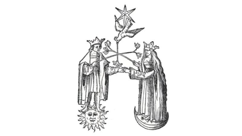 Grabado del Rosarium Philosophorum (siglo XVI) que representa la unión del rey y la reina, símbolo central de la boda alquímica o “matrimonio sagrado”.