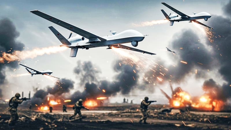 Russian military drones, sparks, smoke, fighting in the background