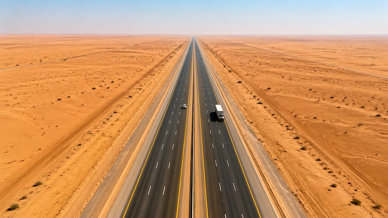 Inauguran la carretera más larga del mundo: está ubicada en pleno desierto y posee 240 kilómetros sin curvas. (Recreación creada con Inteligencia Artificial)