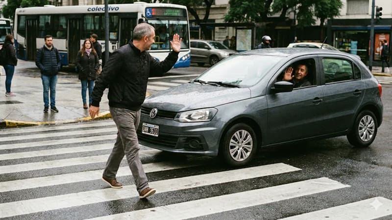 Saludar a los autos al cruzar la calle